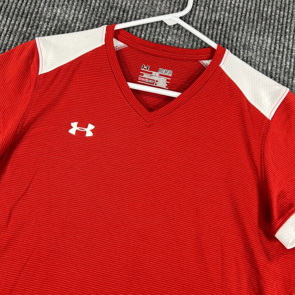 Under‎ Armour Shirt Womens Medium Red Short Sleeve V Neck Fitted Heat Gear